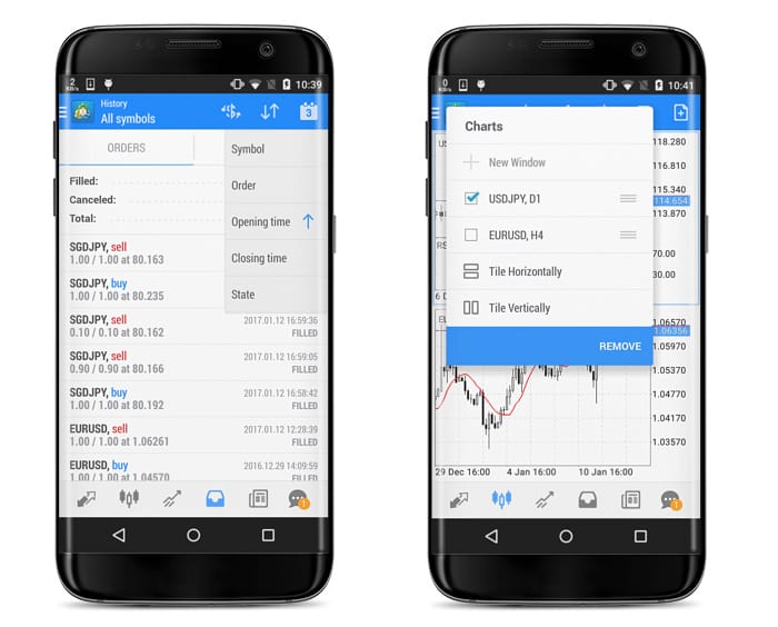 MetaTrader MT5 Android trade filtering sorting