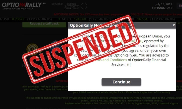 OptionRally license suspended CySEC