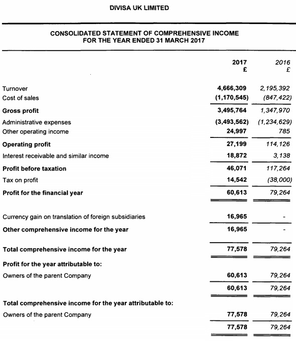 Divisa UK 2017 income statement