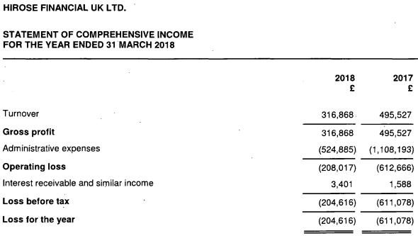 Hirose UK 2018 income statement