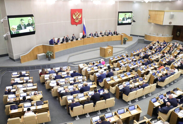 Russian lawmakers attend a session of the State Duma, the lower house of parliament, in Moscow