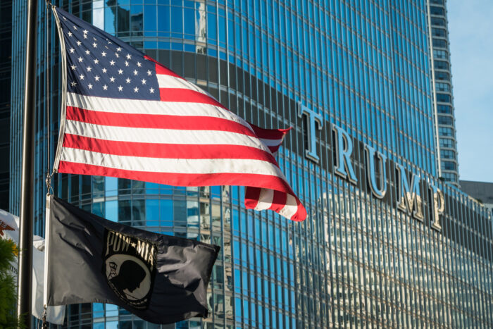 Trump tower with US flag