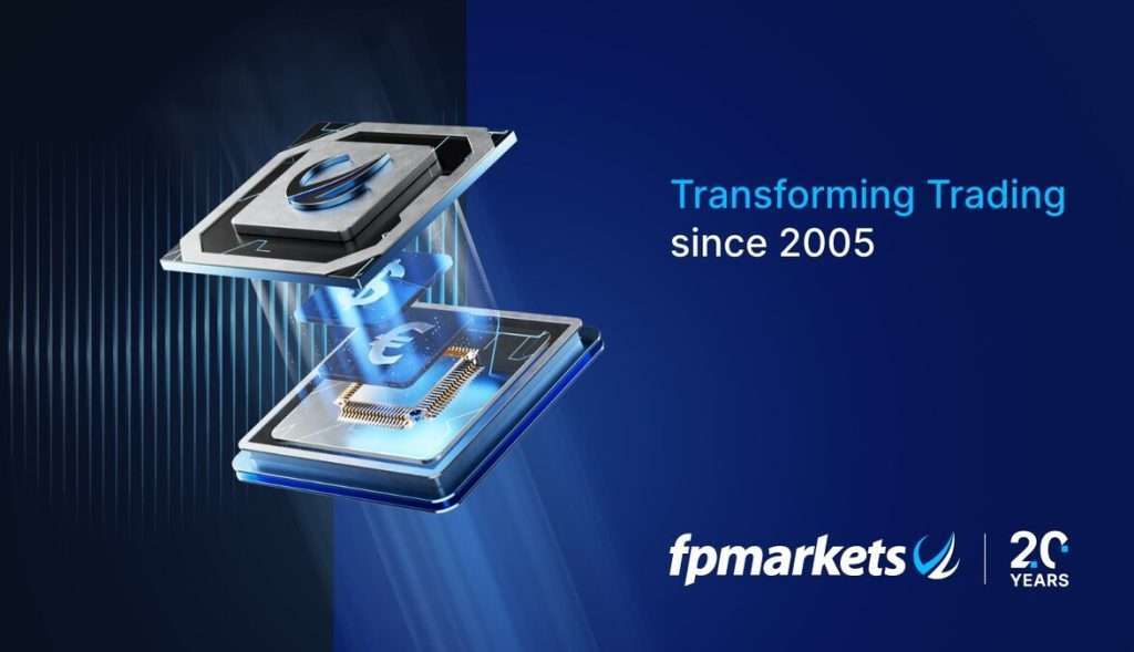 fpmarkets promotional banner with blue gradient, futuristic stacked device imagery, and the slogan Transforming Trading since 2005 (20 years) on the right