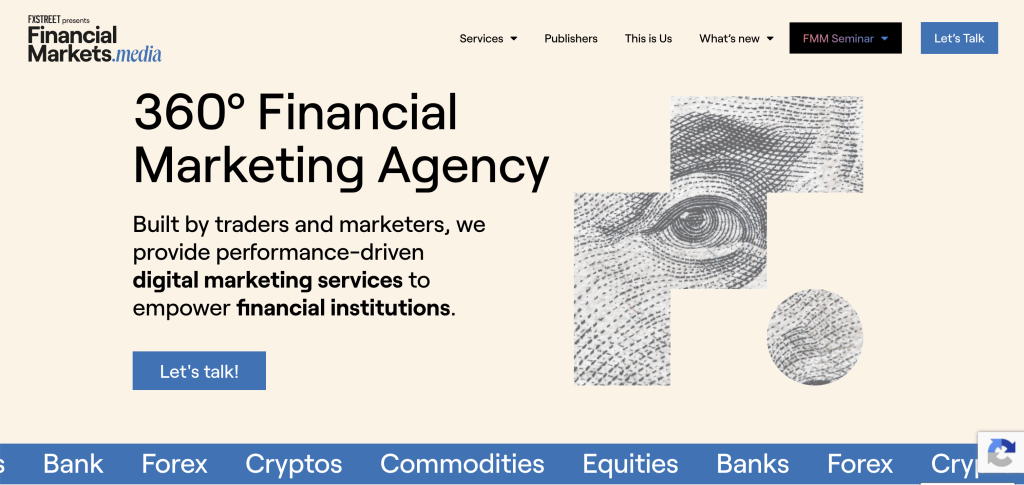 Hero banner for a financial marketing agency: 360° Financial Marketing Agency with beige background, bold headline, abstract dollar-pattern collage, and a 'Let's Talk!' blue call-to-action button.