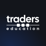 Logo for 'traders education': bold white 'traders' with a line and three square blocks beneath, and 'education' in white on a dark gradient background.