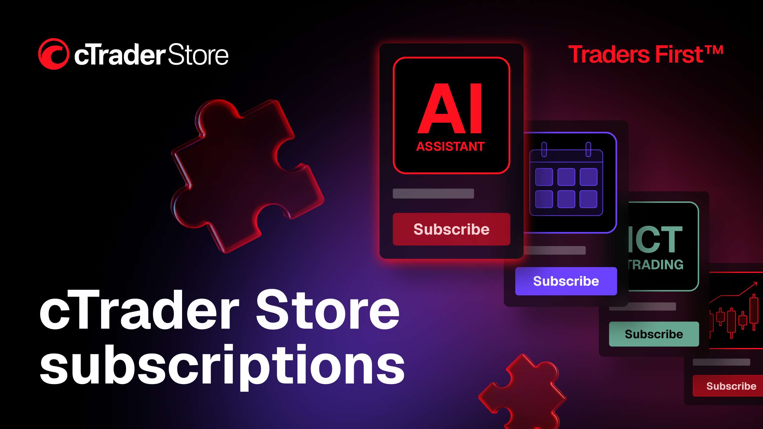 Banner with cTrader Store logo on left, AI Assistant icon in neon red center, and colorful Subscribe buttons on the right; dark gradient background representing trading themes.