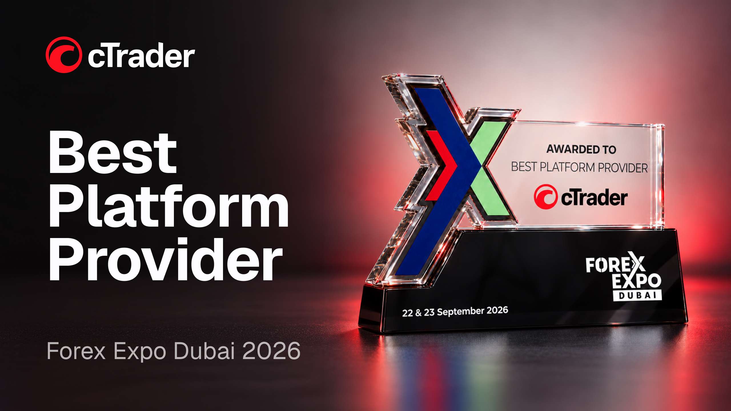 cTrader Best Platform Provider award trophy at Forex Expo Dubai 2026 with logo
