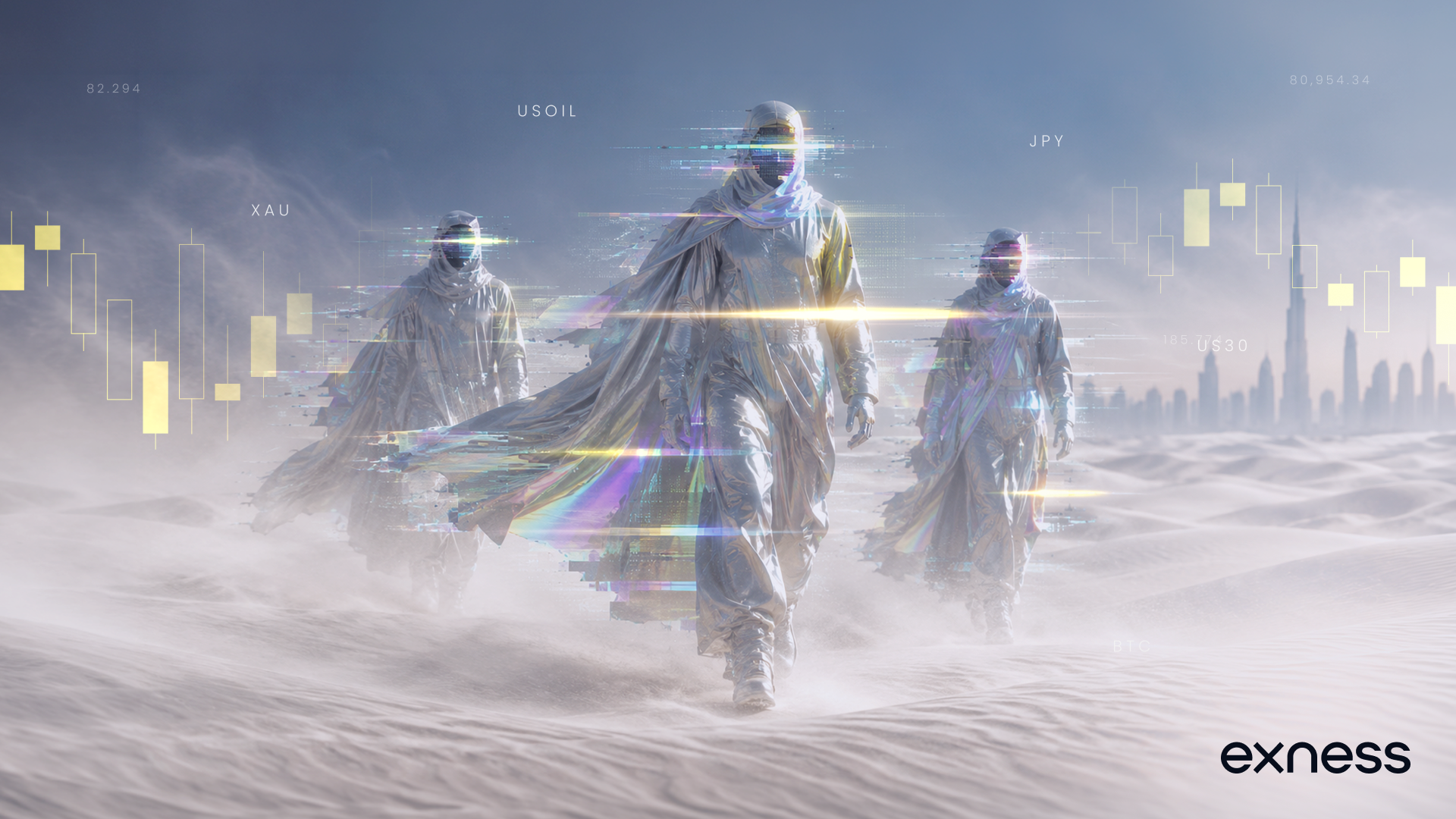Three hazmat-suited figures walk through a misty desert with digital glitches and a distant skyline; exness logo bottom right.