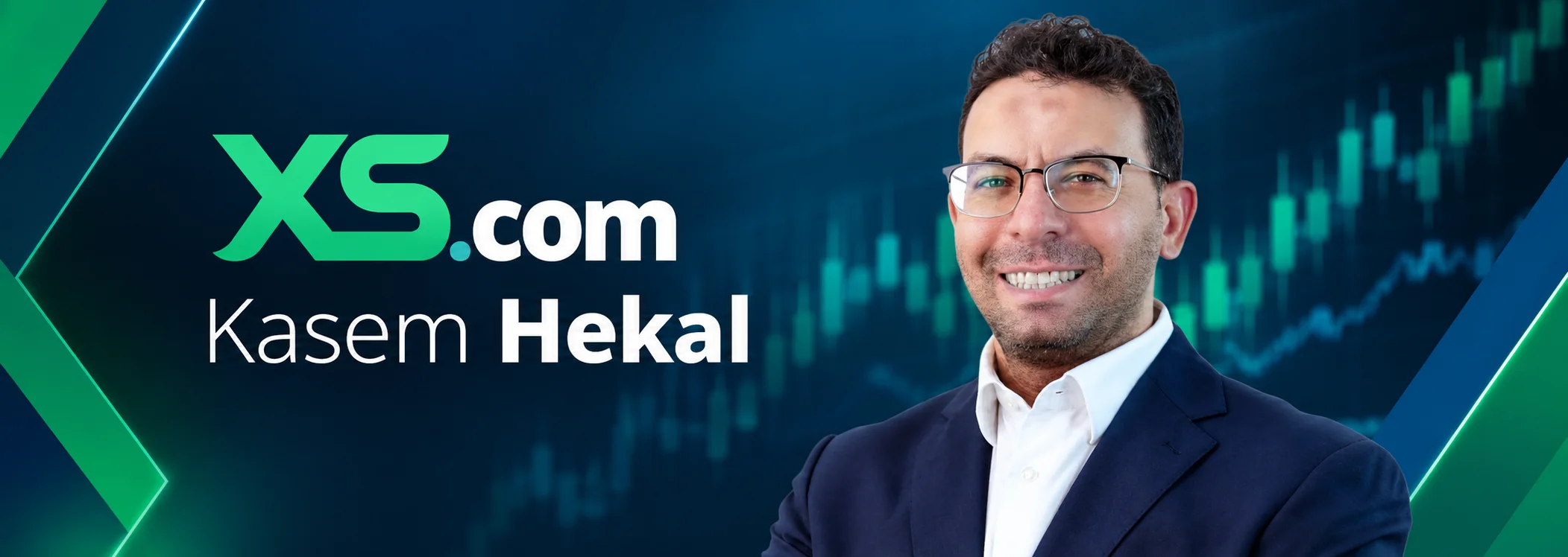 Kasem Hekal portrait on a blue-green finance banner for XS.com, with a stock chart background.