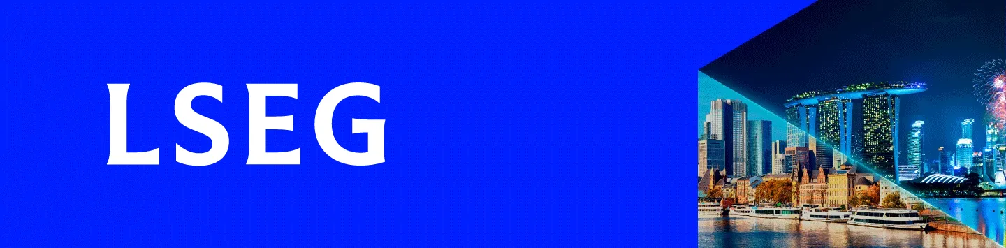 Blue banner with large white 'LSEG' text on the left and a diagonal triangular cutout revealing a city skyline on the right.