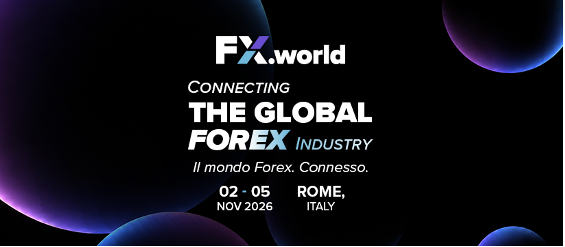 FX.world promotional banner for the global forex industry conference in Rome, Italy, November 2–5, 2026
