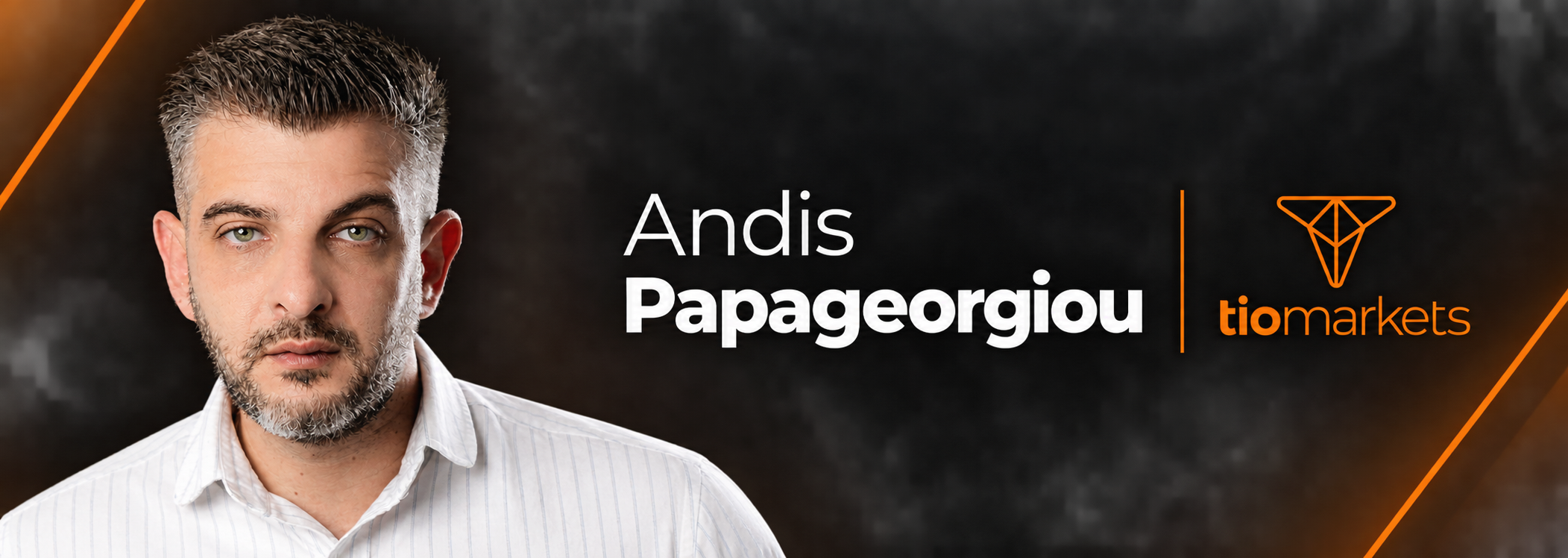 Portrait of a man on the left with a white striped shirt against a dark banner, showing the text 'Andis Papageorgiou' and the orange 'tiomarkets' logo on the right.