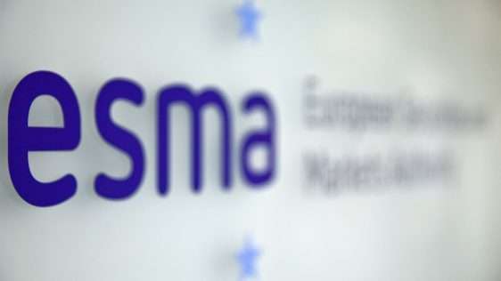 French Financial Regulator AMF And European Securities Markets Authority Headquarters | LeapRate | LeapRate ESMA logo close-up with blue lettering on a pale background, slightly out of focus elsewhere.