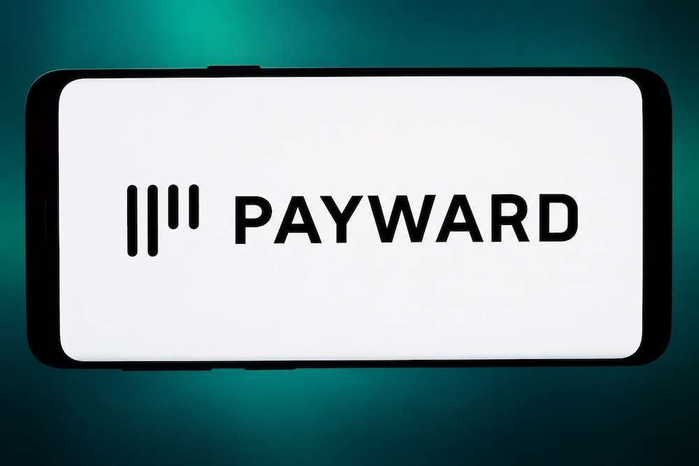 Smartphone screen displaying the PAYWARD logo on a white background with a teal gradient backdrop