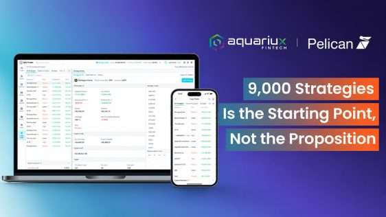 aqx-featured | LeapRate | LeapRate Laptop and smartphone display trading dashboards on a fintech marketing banner with Aquariux Fintech and Pelican logos in a blue gradient background.