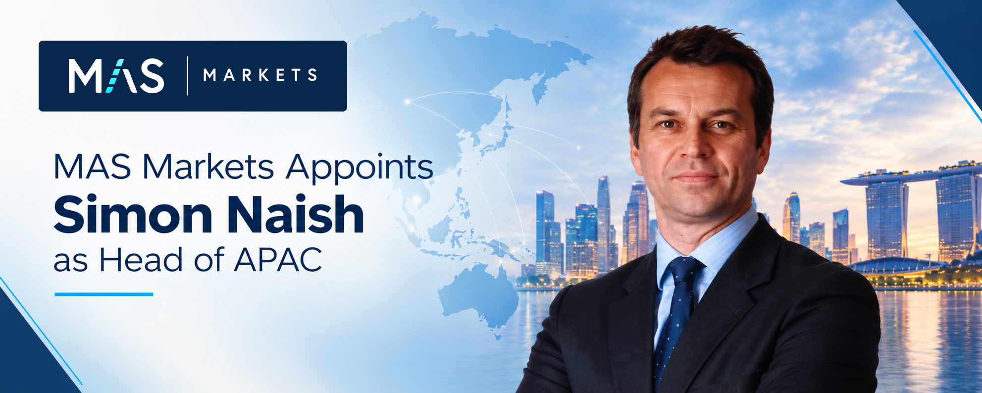 leaprate_mas_markets_simon_naish_header | LeapRate | LeapRate MAS Markets banner announcing Simon Naish as Head of APAC, featuring a man in a suit against a blue world map backdrop and skyline.