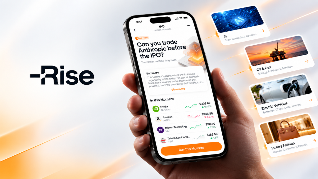 risapp2 | LeapRate Hand holding a smartphone showing an IPO trading app with a prominent orange Buy button and stock list.