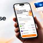 Hand holding a smartphone showing an IPO trading app with a prominent orange Buy button and stock list.