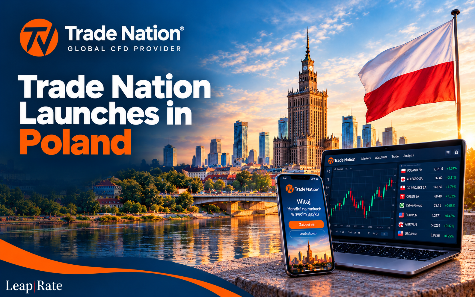 tradenation | LeapRate Trade Nation launches in Poland with skyline, flag, and trading devices in a blue-to-orange banner image
